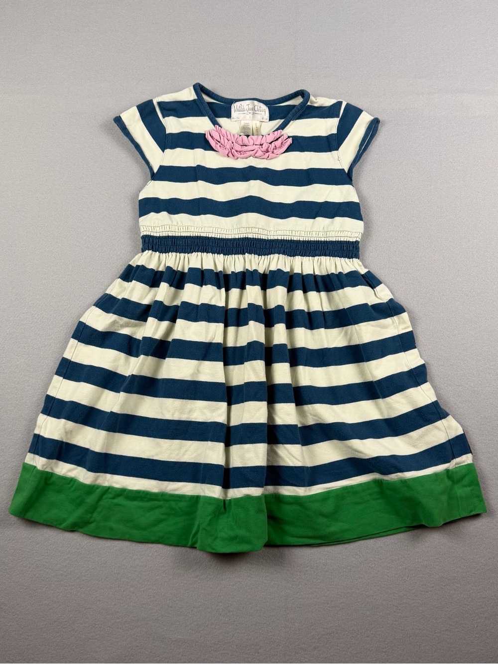 Matilda Jane Navy & White Striped Dress with Pink Neck Rosette and Green Hem